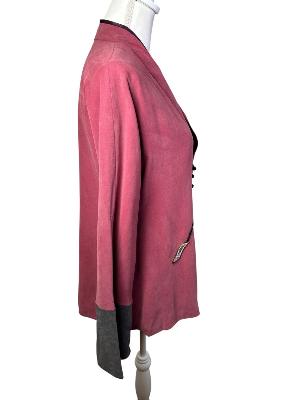 Vintage Chinese Silk Blend Frog Closure Jacket Pink Black Women M - Picture 5 of 12